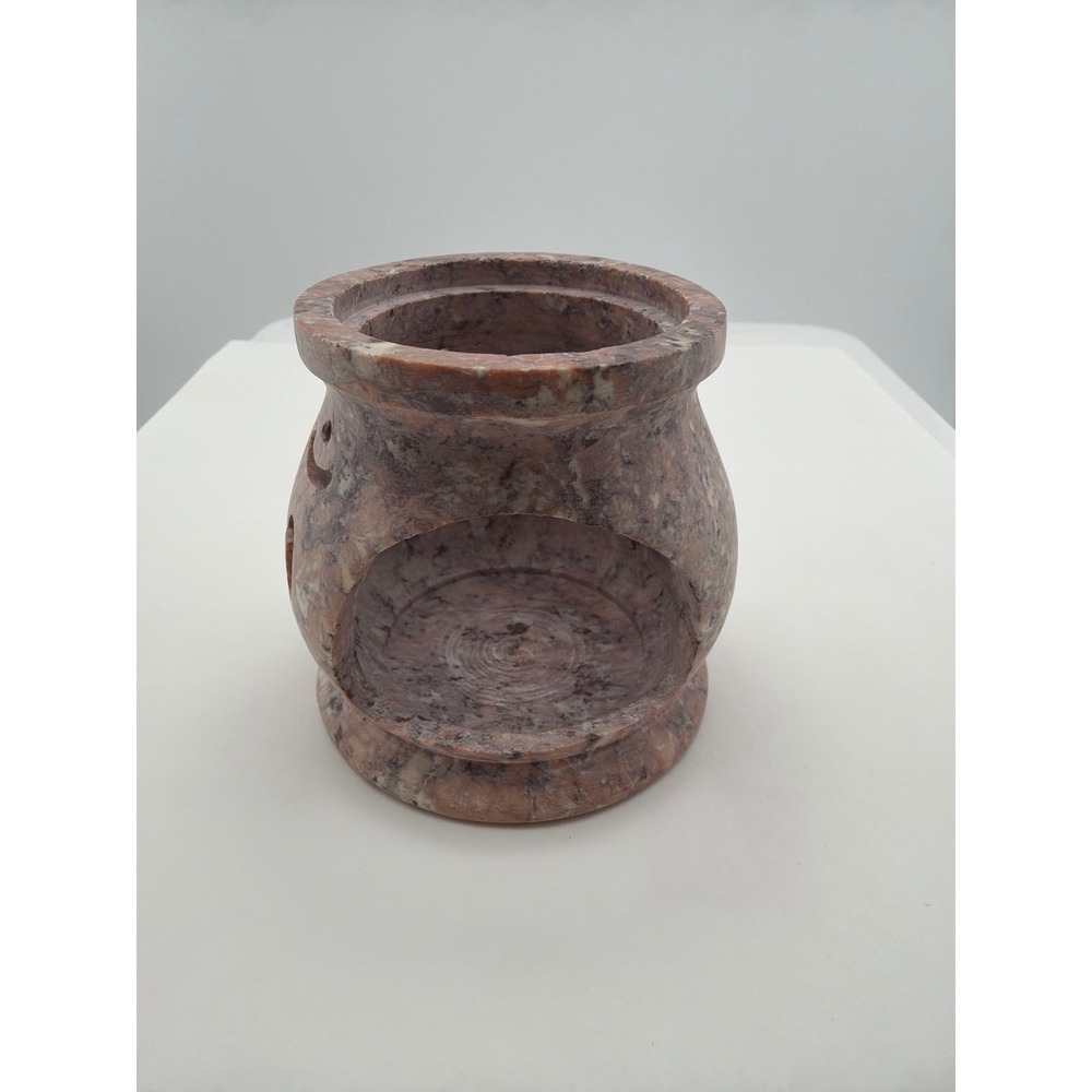 Pink Soapstone Oil Burner Tea Light Holder Moon Star Carved Stone - Picture 1 of 6